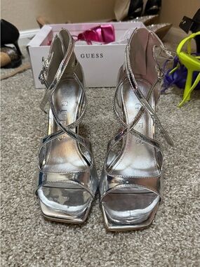 GUESS Metallic Silver Strappy Heel Sandals